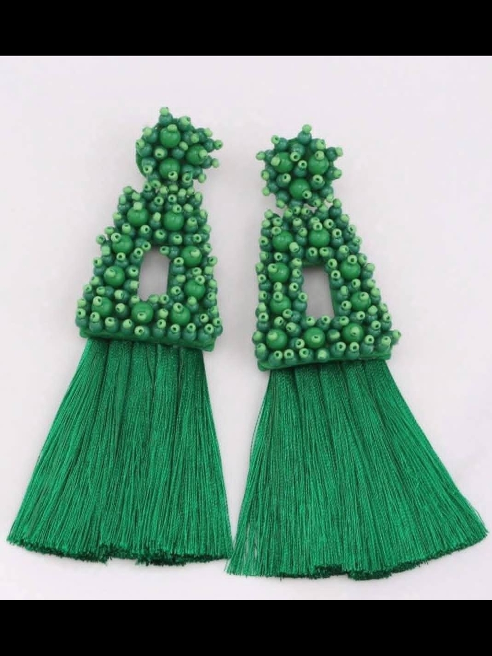 Green Beaded Tassel Statement Earrings